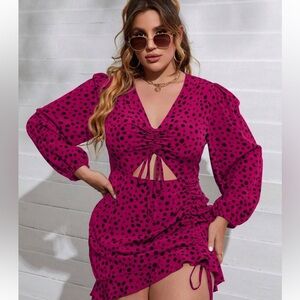 SHEIN Curve 1XL Magenta Polka Dot Cutout Lantern Sleeve Dress Ruched Tie Front